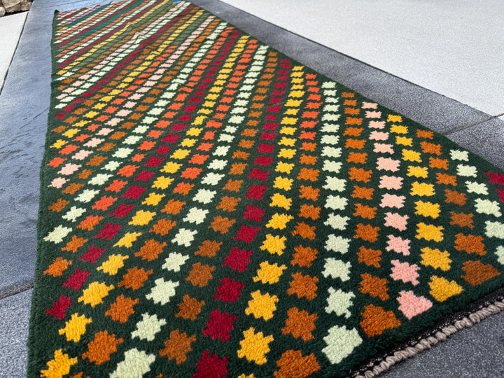 3x10 Handmade Vintage Afghan Baluch Runner Rug | Pine Mint Green Mustard Gold Copper Brown Brick Red Peach Burnt Orange | Wool Flatwoven