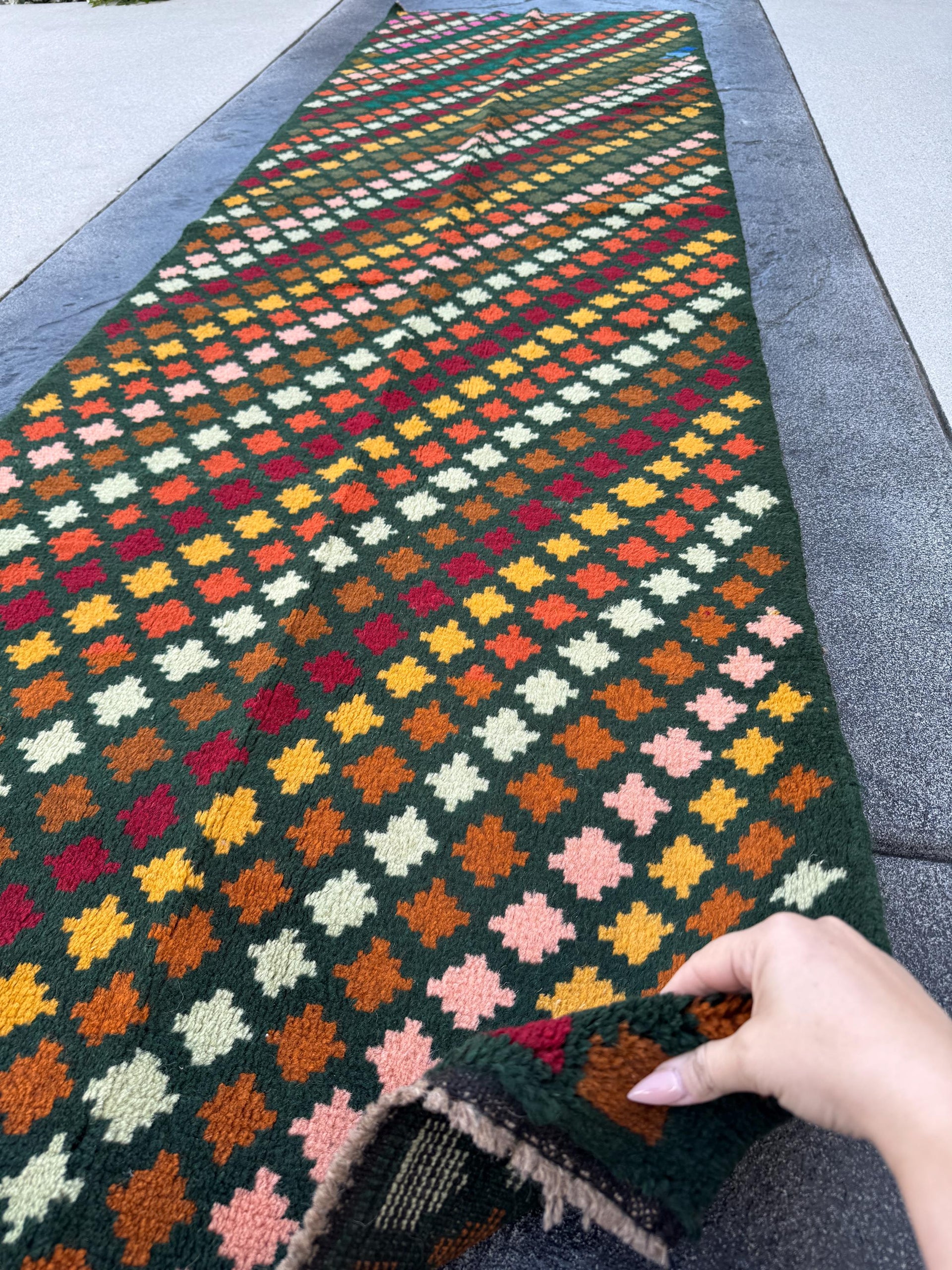 3x10 Handmade Vintage Afghan Baluch Runner Rug | Pine Mint Green Mustard Gold Copper Brown Brick Red Peach Burnt Orange | Wool Flatwoven