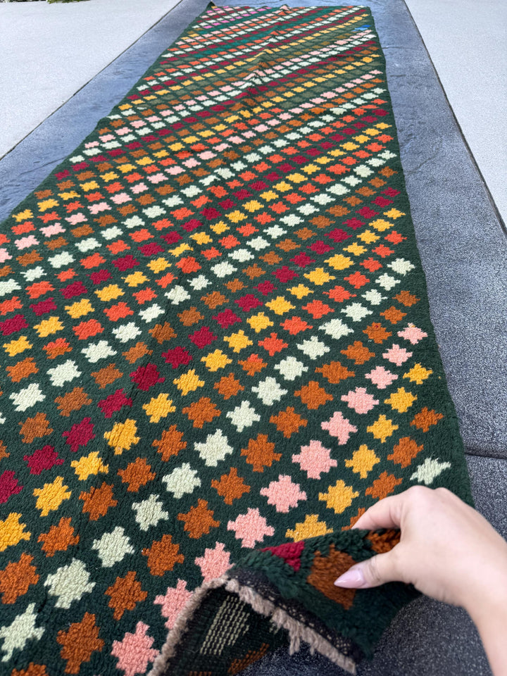 3x10 Handmade Vintage Afghan Baluch Runner Rug | Pine Mint Green Mustard Gold Copper Brown Brick Red Peach Burnt Orange | Wool Flatwoven