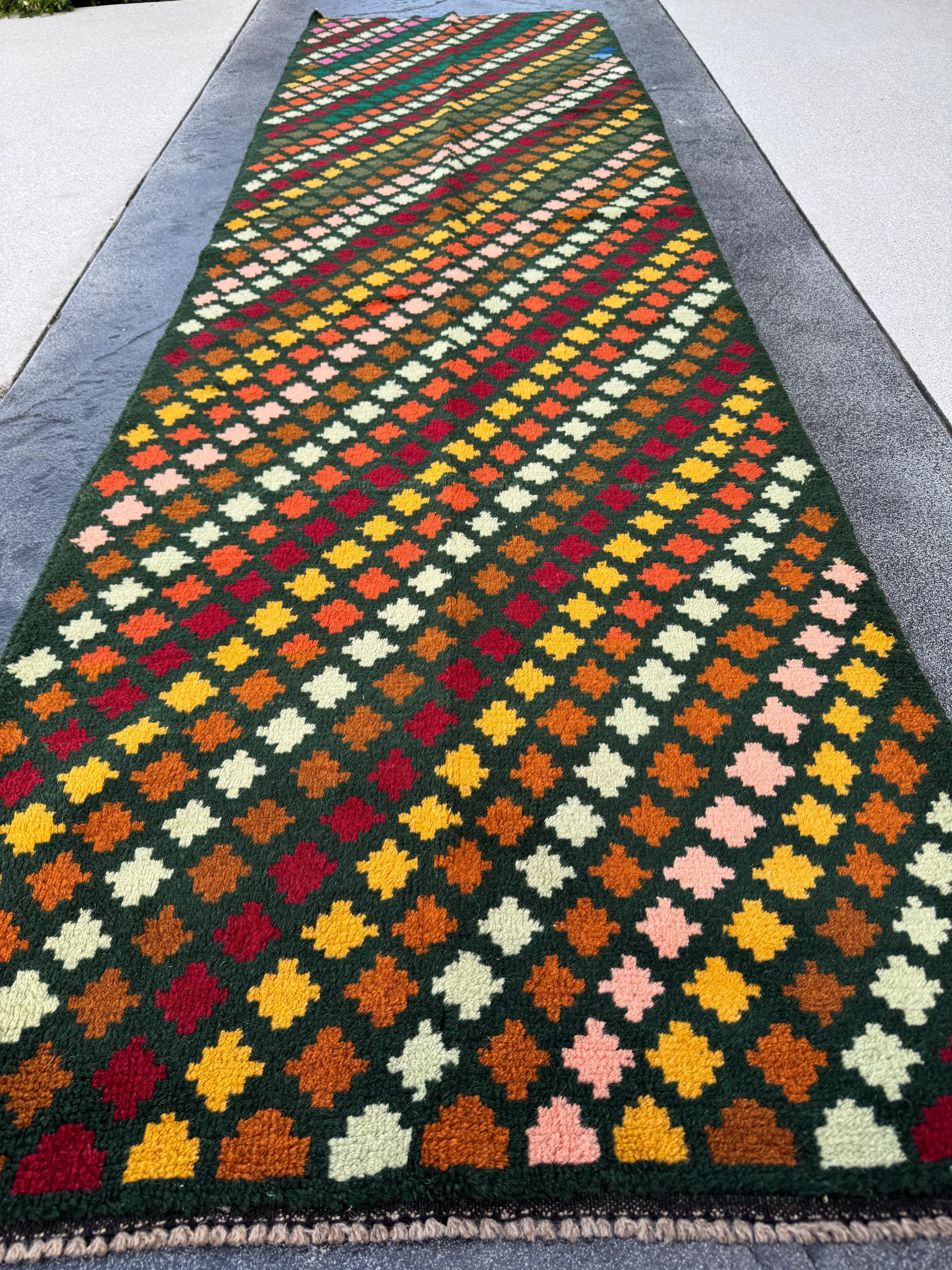3x10 Handmade Vintage Afghan Baluch Runner Rug | Pine Mint Green Mustard Gold Copper Brown Brick Red Peach Burnt Orange | Wool Flatwoven