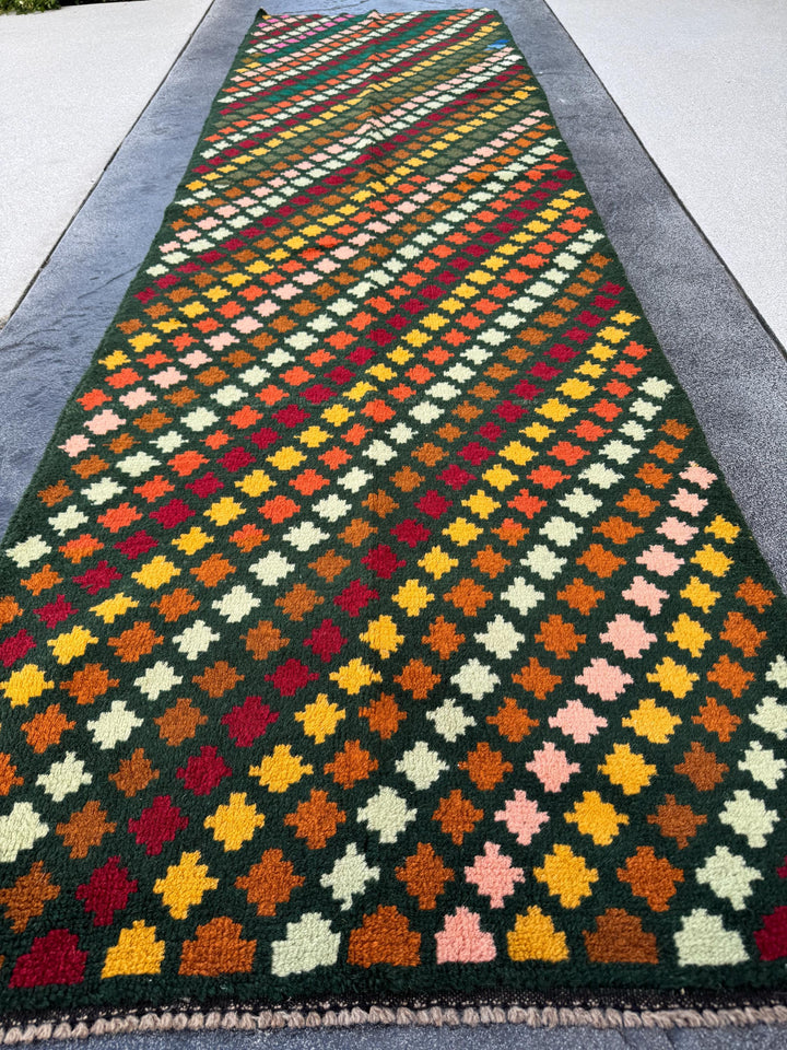 3x10 Handmade Vintage Afghan Baluch Runner Rug | Pine Mint Green Mustard Gold Copper Brown Brick Red Peach Burnt Orange | Wool Flatwoven