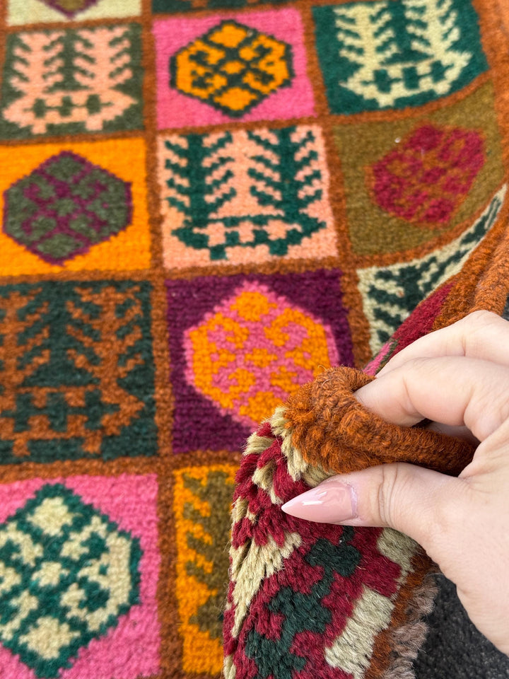 3x10 Handmade Vintage Afghan Baluch Runner Rug | Copper Brown Pine Forest Mint Olive Green Rose Pink Peach Burnt Orange Brick Red | Wool