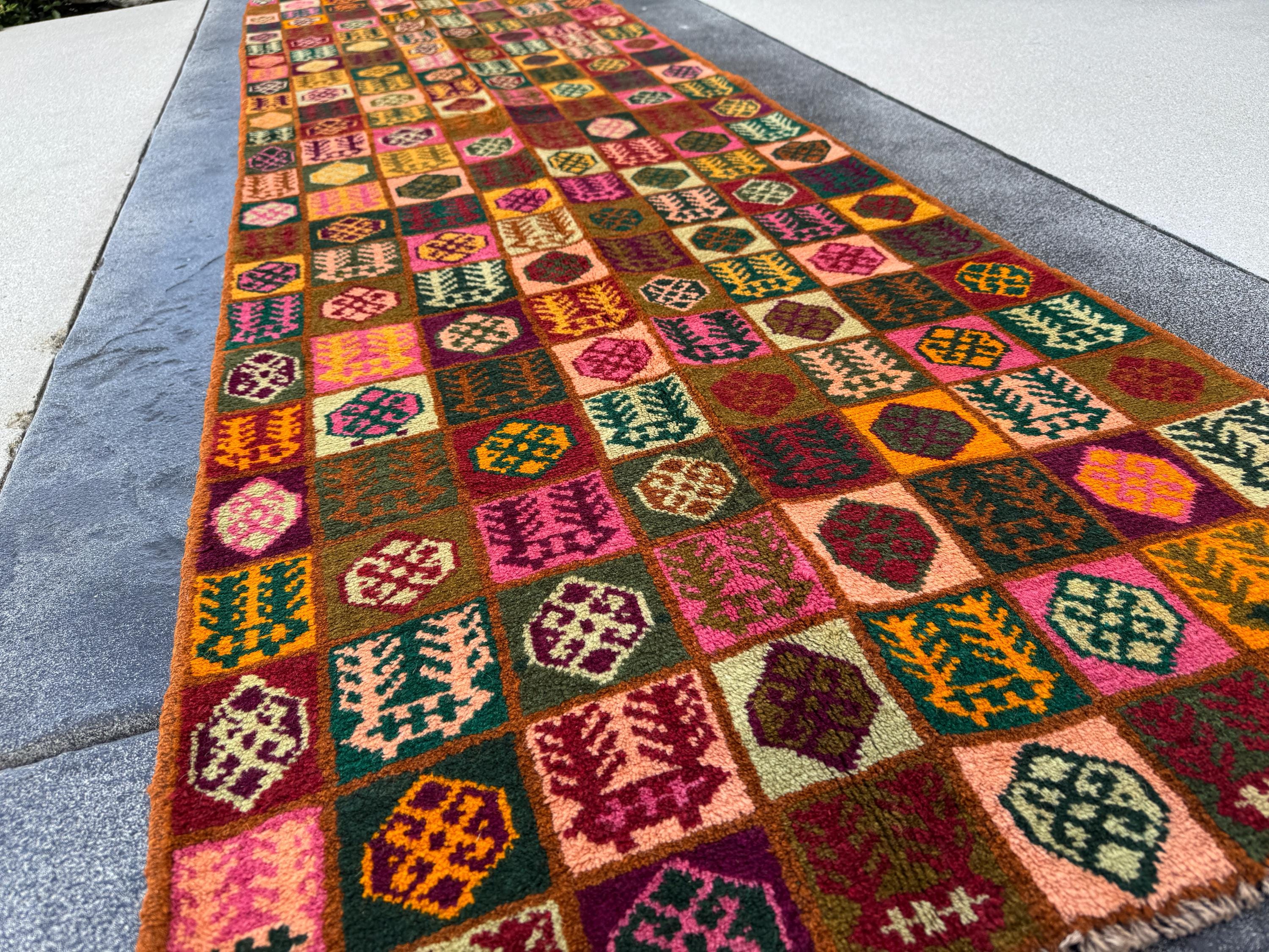 3x10 Handmade Vintage Afghan Baluch Runner Rug | Copper Brown Pine Forest Mint Olive Green Rose Pink Peach Burnt Orange Brick Red | Wool