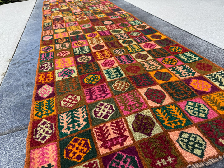 3x10 Handmade Vintage Afghan Baluch Runner Rug | Copper Brown Pine Forest Mint Olive Green Rose Pink Peach Burnt Orange Brick Red | Wool