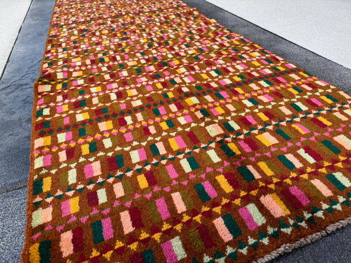 3x9 Handmade Vintage Afghan Baluch Runner Rug | Chocolate Brown Pine Mint Olive Green Rose Pink Peach Mustard Yellow Gold Brick Red | Wool