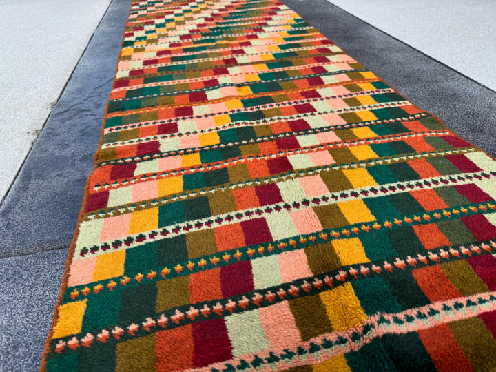 3x10 Handmade Vintage Afghan Baluch Runner Rug | Forest Pine Mint Olive Green BUrnt Orange Brick Red Peach Mustard Yellow Gold | Wool