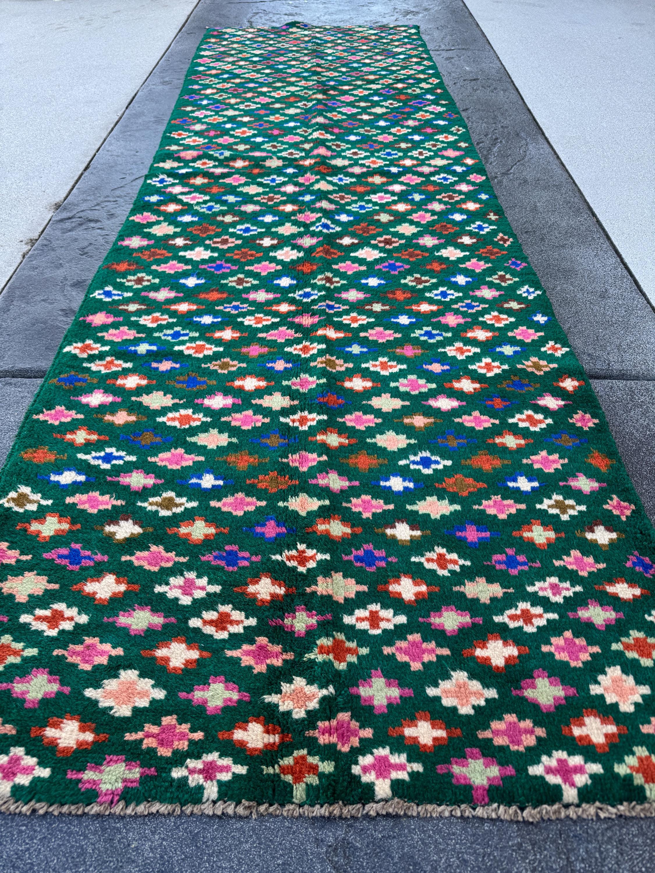 3x9 Handmade Vintage Afghan Baluch Runner Rug | Forest Mint Olive Green White Peach Rose Pink Burnt Orange Navy Blue Grey | Wool Flatwoven