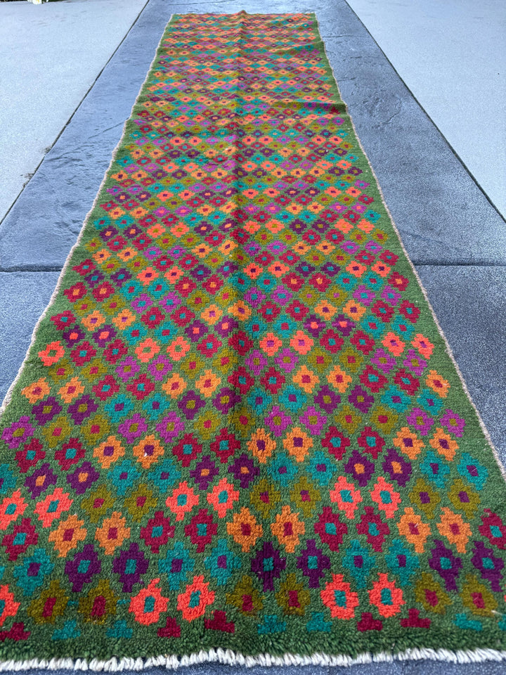 3x10 Handmade Vintage Afghan Baluch Runner Rug | Forest Olive Pine Green Burnt Orange Copper Brown Magenta Eggplant Purple Brick Red | Wool