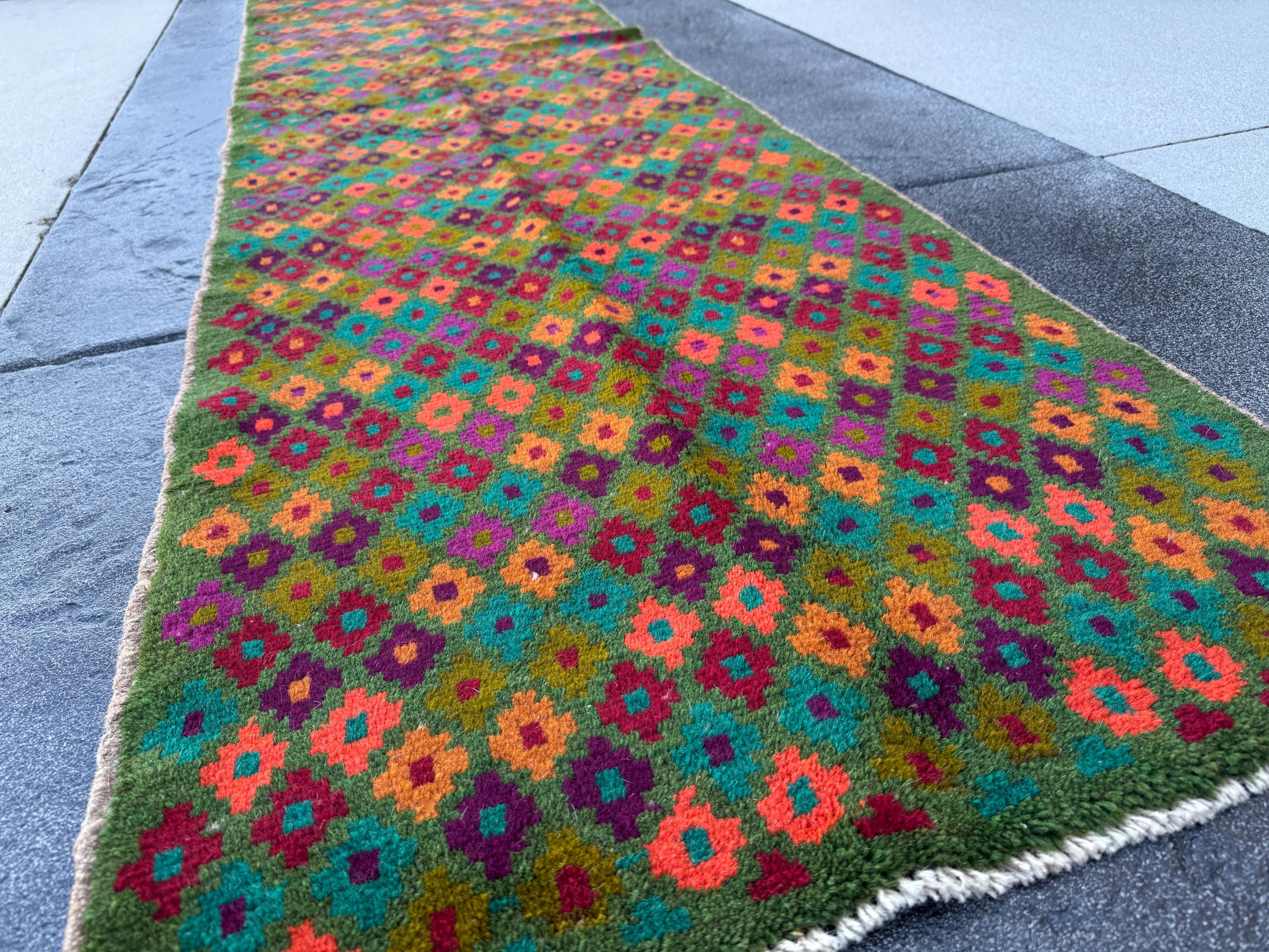 3x10 Handmade Vintage Afghan Baluch Runner Rug | Forest Olive Pine Green Burnt Orange Copper Brown Magenta Eggplant Purple Brick Red | Wool