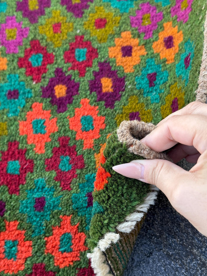 3x10 Handmade Vintage Afghan Baluch Runner Rug | Forest Olive Pine Green Burnt Orange Copper Brown Magenta Eggplant Purple Brick Red | Wool