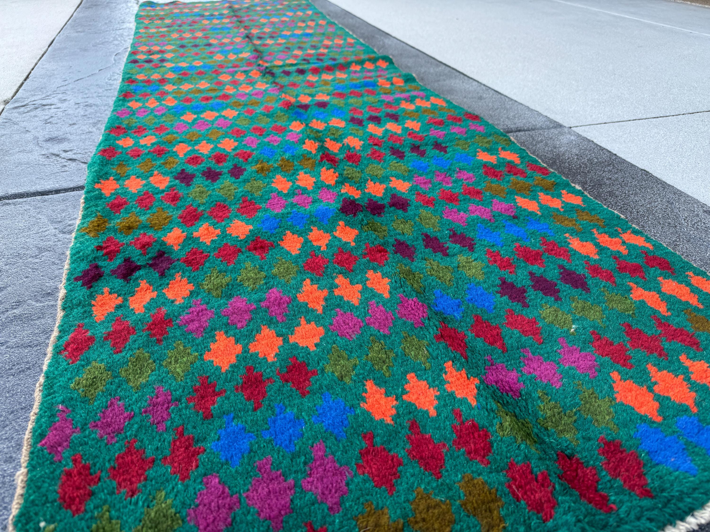3x9 Handmade Vintage Afghan Baluch Runner Rug | Forest Pine Olive Green Burnt Orange Navy Blue Brick Red Plum Purple Magenta | Flatwoven