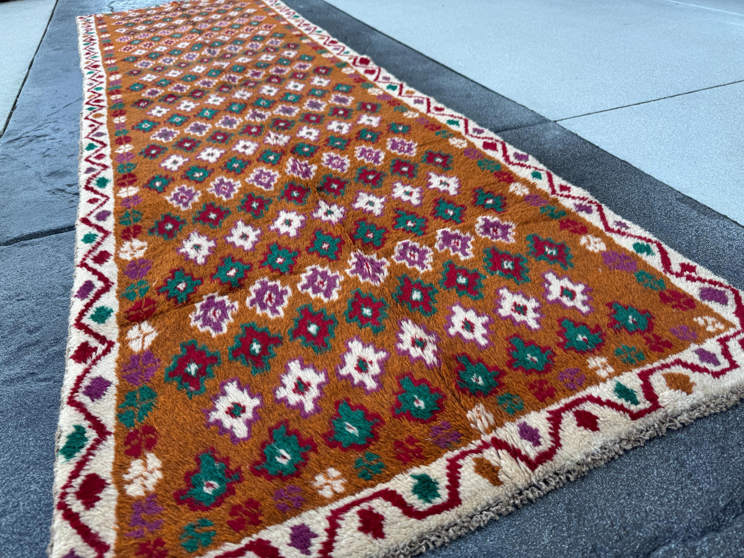 3x9 Handmade Vintage Afghan Baluch Runner Rug | Chocolate Brown Brick Red White Magenta Forest Green | Wool Flatwoven