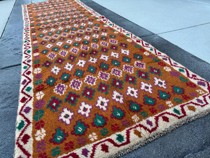 3x9 Handmade Vintage Afghan Baluch Runner Rug | Chocolate Brown Brick Red White Magenta Forest Green | Wool Flatwoven