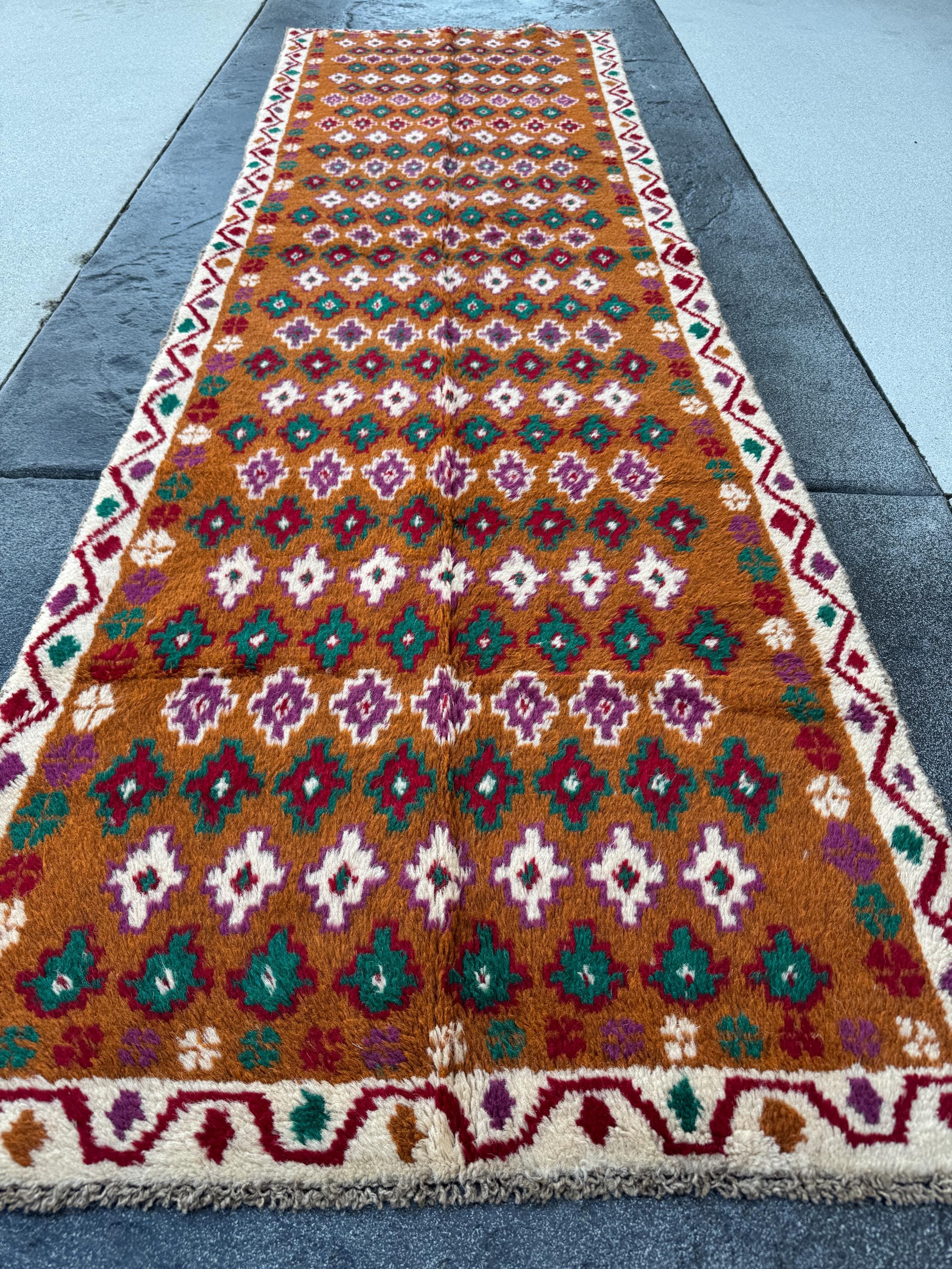3x9 Handmade Vintage Afghan Baluch Runner Rug | Chocolate Brown Brick Red White Magenta Forest Green | Wool Flatwoven