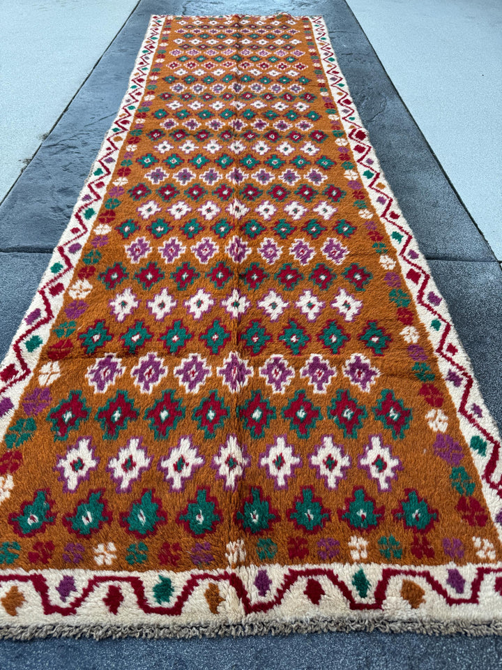 3x9 Handmade Vintage Afghan Baluch Runner Rug | Chocolate Brown Brick Red White Magenta Forest Green | Wool Flatwoven