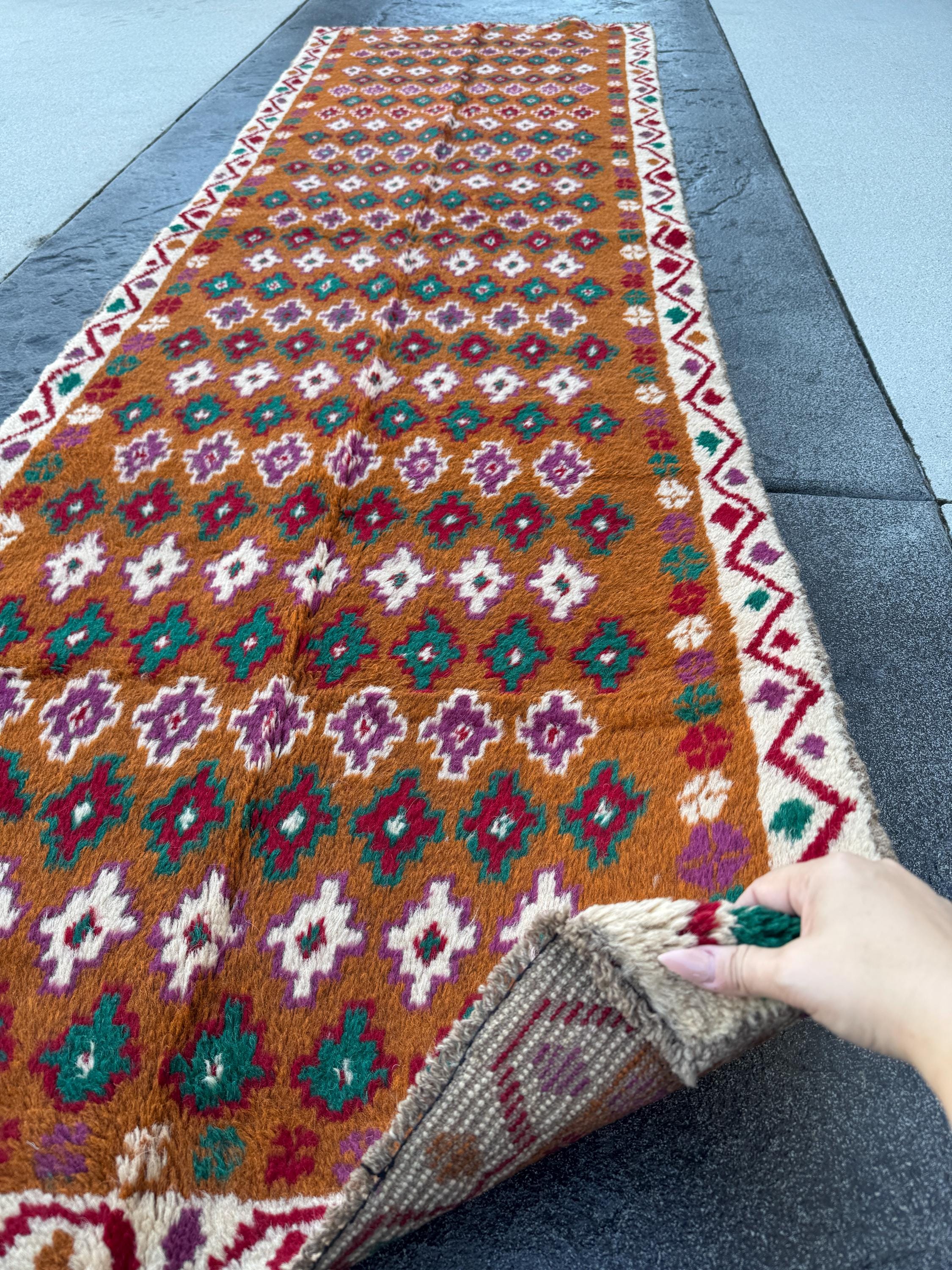 3x9 Handmade Vintage Afghan Baluch Runner Rug | Chocolate Brown Brick Red White Magenta Forest Green | Wool Flatwoven