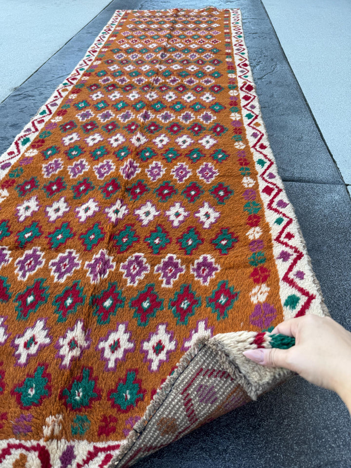 3x9 Handmade Vintage Afghan Baluch Runner Rug | Chocolate Brown Brick Red White Magenta Forest Green | Wool Flatwoven