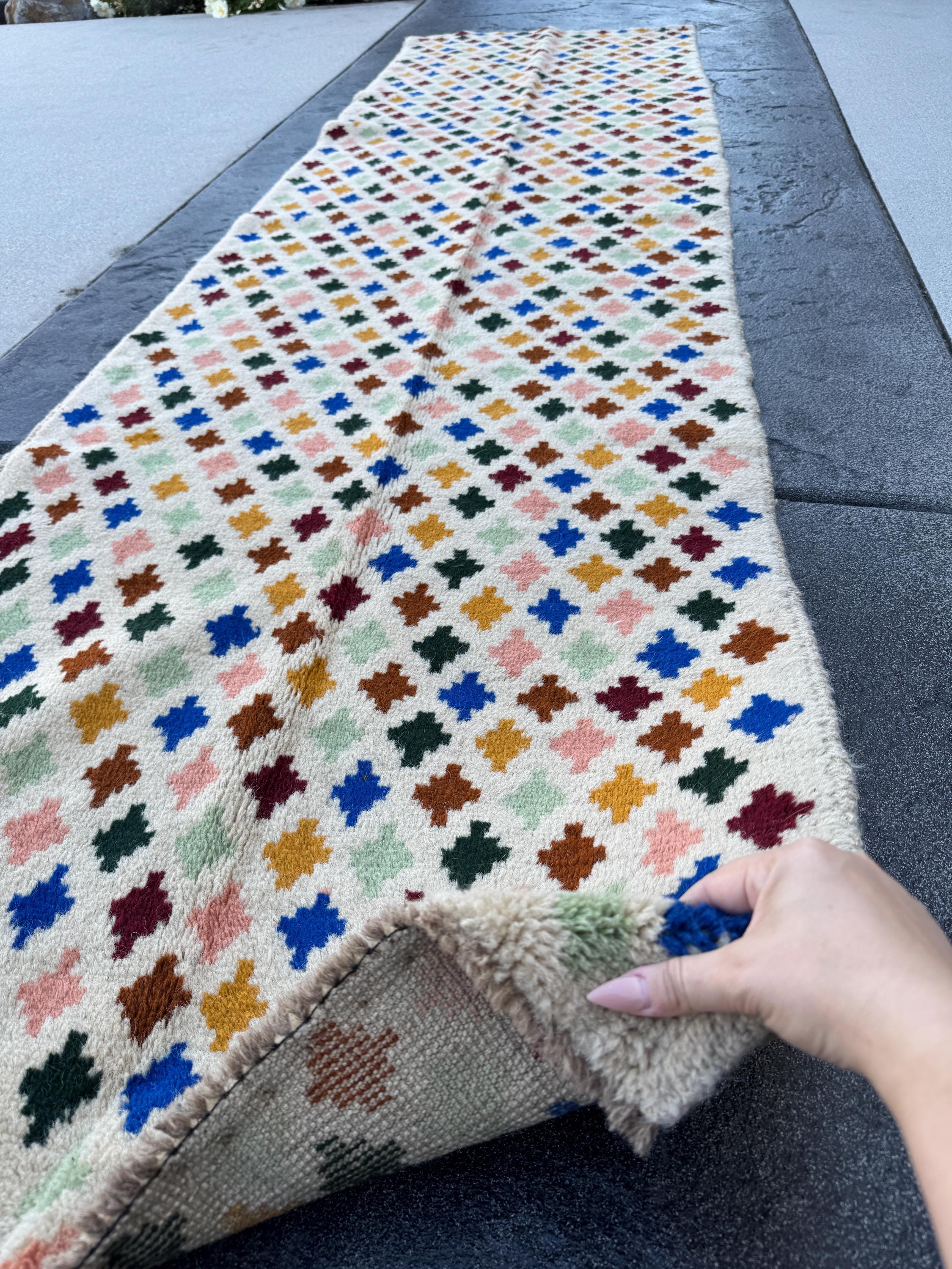 3x10 Handmade Vintage Afghan Baluch Runner Rug | Cream White Mint Pine Green Mustard Gold Yellow Peach Copper Brown Navy Blue Brick Red