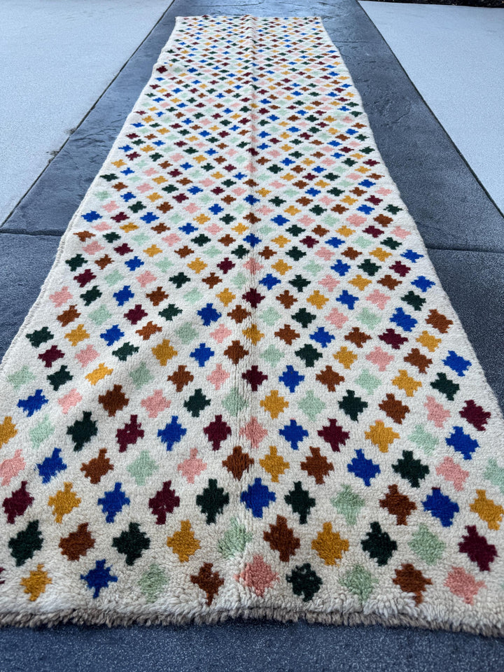 3x10 Handmade Vintage Afghan Baluch Runner Rug | Cream White Mint Pine Green Mustard Gold Yellow Peach Copper Brown Navy Blue Brick Red