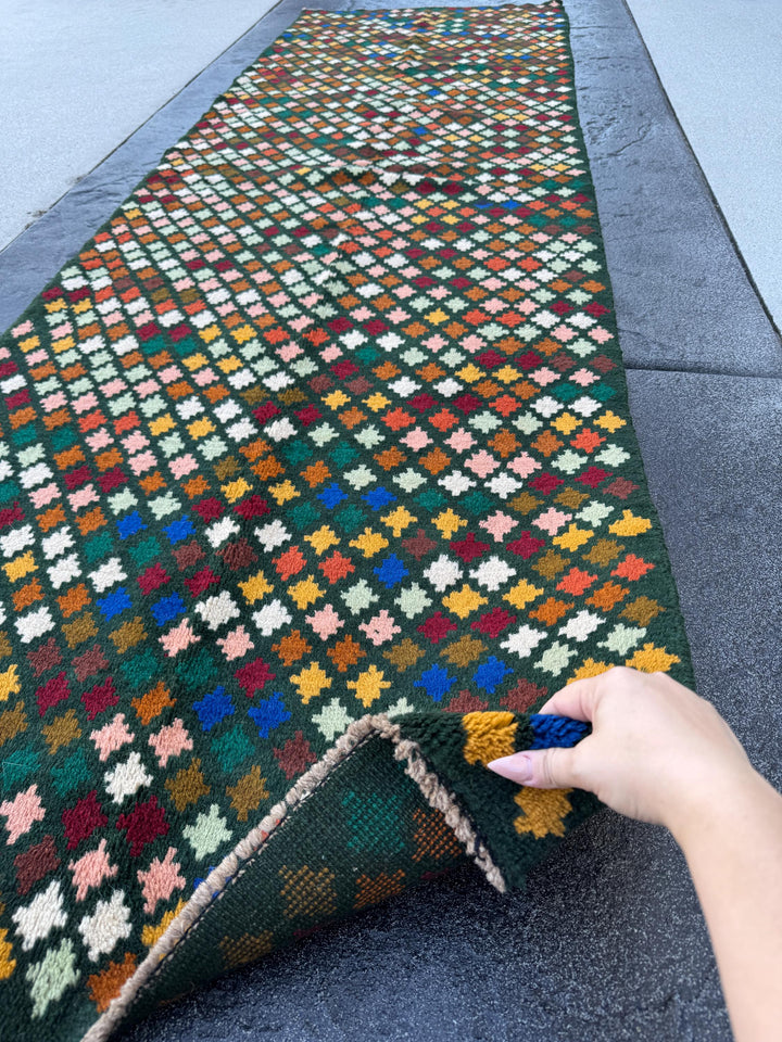 3x10 Handmade Vintage Afghan Baluch Runner Rug | Forest Pine Mint Olive White Navy Blue Burnt Orange Mustard Gold Chocolate Peach Brick Red
