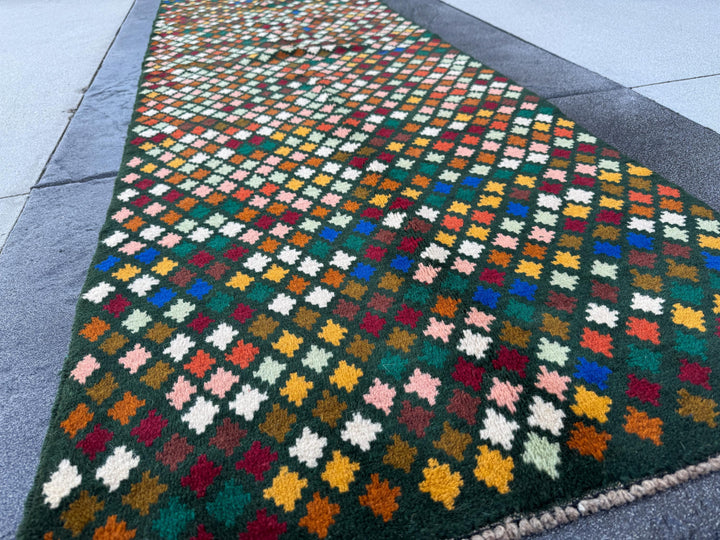 3x10 Handmade Vintage Afghan Baluch Runner Rug | Forest Pine Mint Olive White Navy Blue Burnt Orange Mustard Gold Chocolate Peach Brick Red