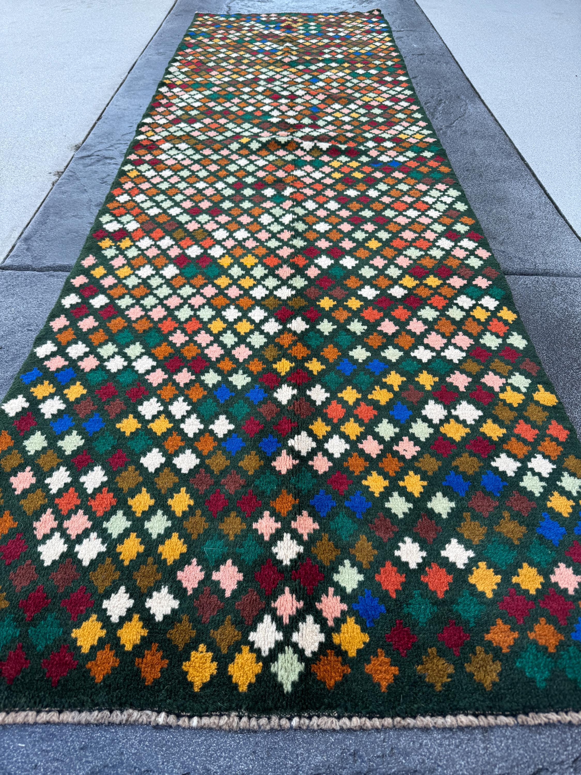 3x10 Handmade Vintage Afghan Baluch Runner Rug | Forest Pine Mint Olive White Navy Blue Burnt Orange Mustard Gold Chocolate Peach Brick Red