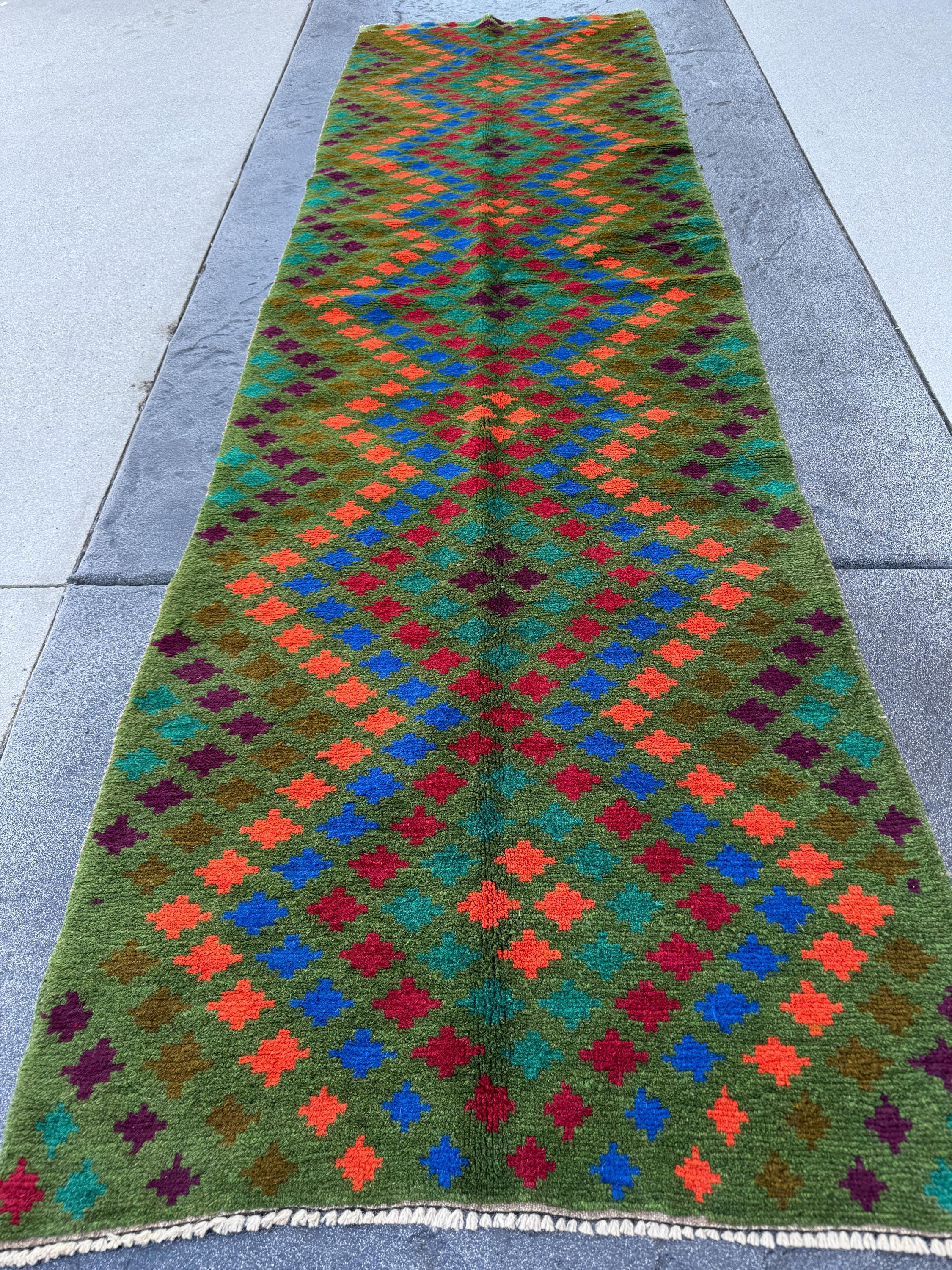 3x10 Handmade Vintage Afghan Baluch Runner Rug | Forest Pine Olive Green Navy Blue Burnt Orange Brick Red Magenta | Wool Flatwoven