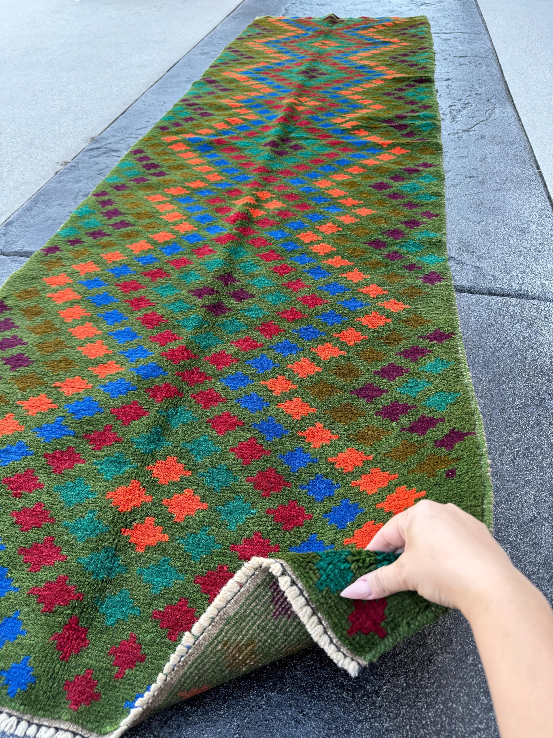 3x10 Handmade Vintage Afghan Baluch Runner Rug | Forest Pine Olive Green Navy Blue Burnt Orange Brick Red Magenta | Wool Flatwoven