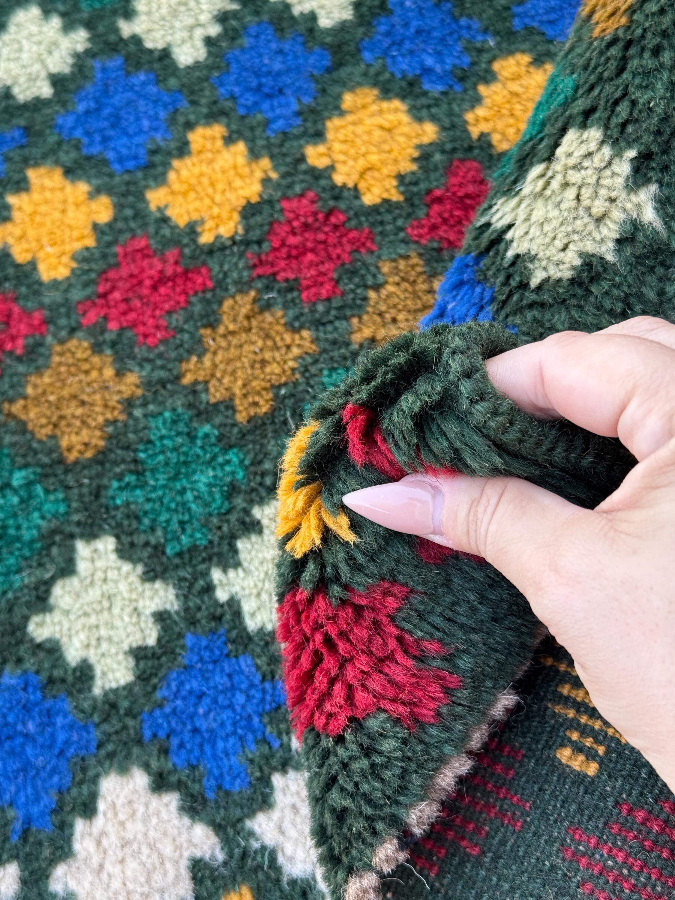 4x6 Handmade Vintage Afghan Baluch Rug | Pine Forest Mint Olive Green Brick Red Mustard Gold Yellow Navy Blue White | Wool Flatwoven
