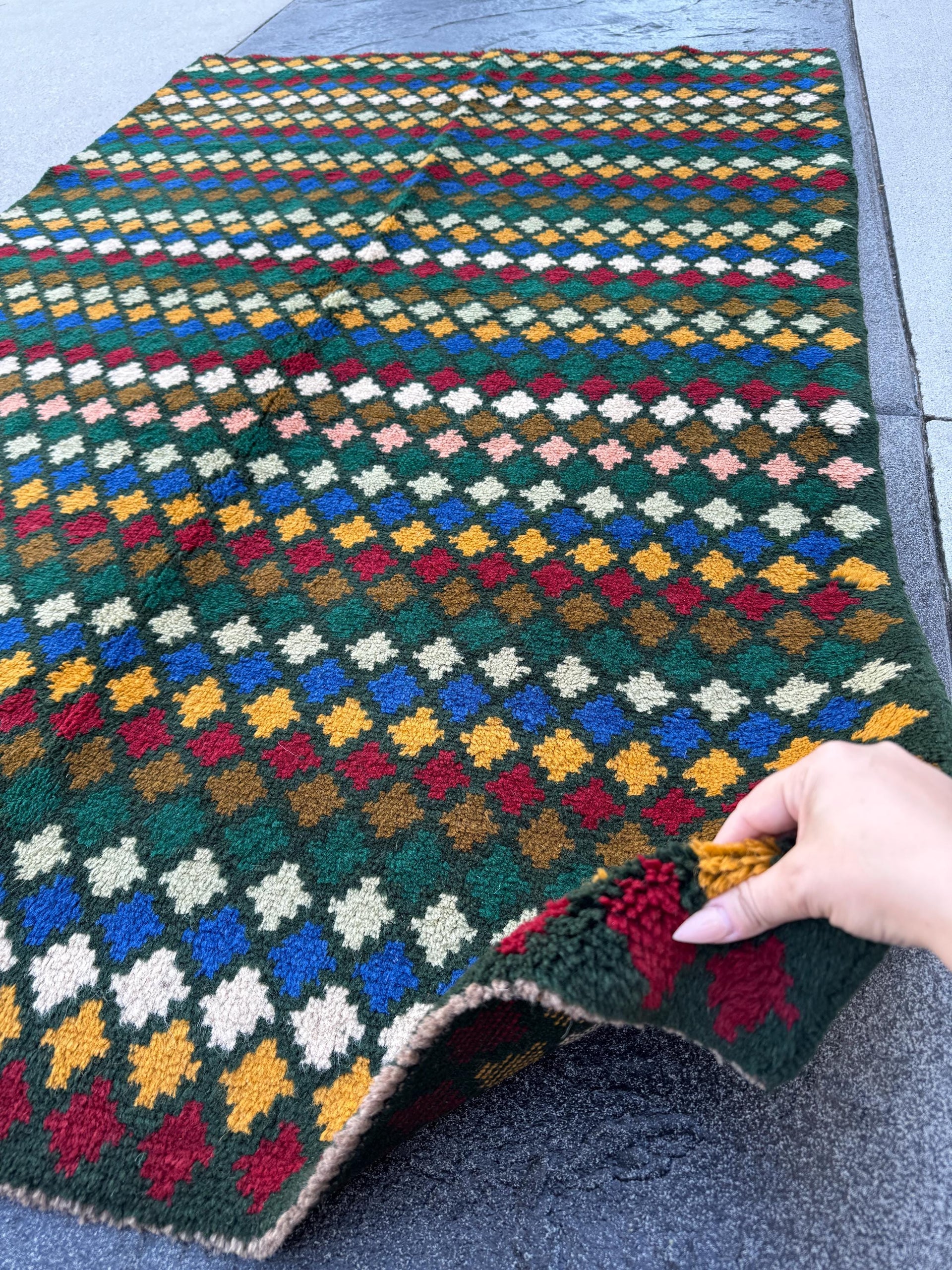 4x6 Handmade Vintage Afghan Baluch Rug | Pine Forest Mint Olive Green Brick Red Mustard Gold Yellow Navy Blue White | Wool Flatwoven