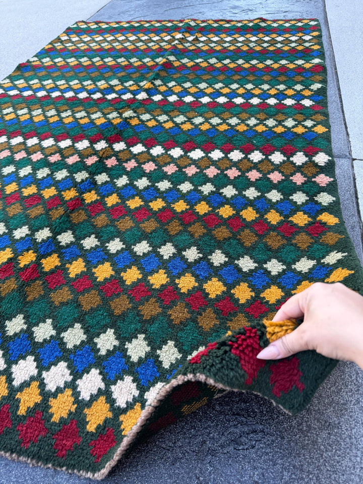 4x6 Handmade Vintage Afghan Baluch Rug | Pine Forest Mint Olive Green Brick Red Mustard Gold Yellow Navy Blue White | Wool Flatwoven