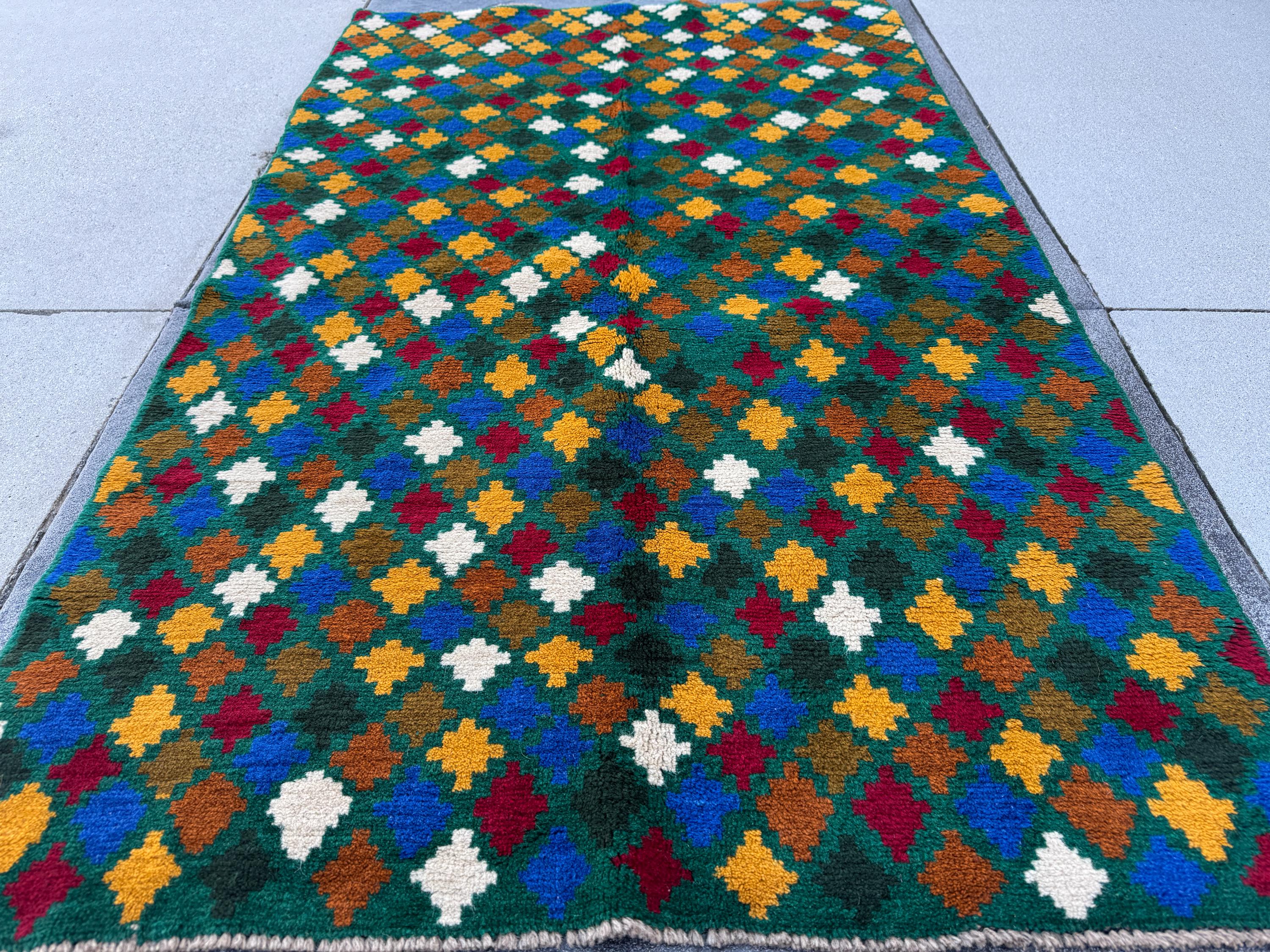4x6 Handmade Vintage Afghan Baluch Rug | Pine Forest Olive Green Brick Red Mustard Gold Yellow Navy Blue White Copper Brown | Wool Flatwoven