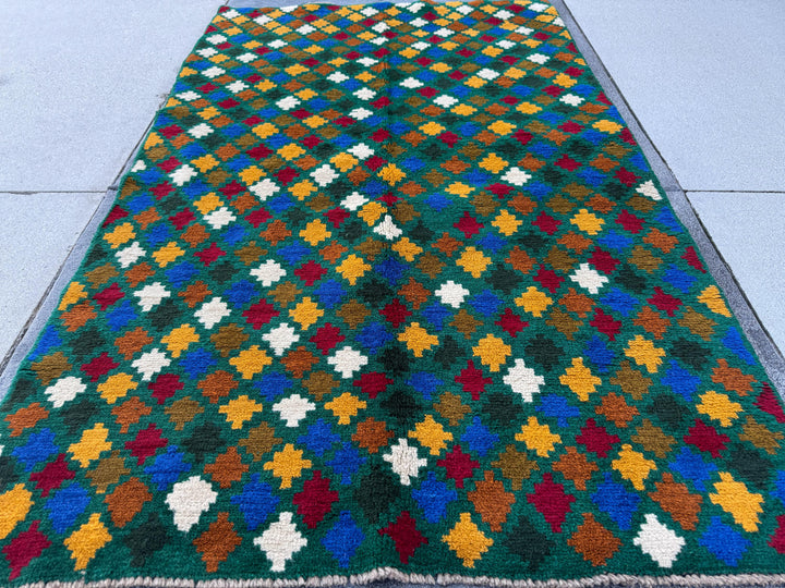 4x6 Handmade Vintage Afghan Baluch Rug | Pine Forest Olive Green Brick Red Mustard Gold Yellow Navy Blue White Copper Brown | Wool Flatwoven