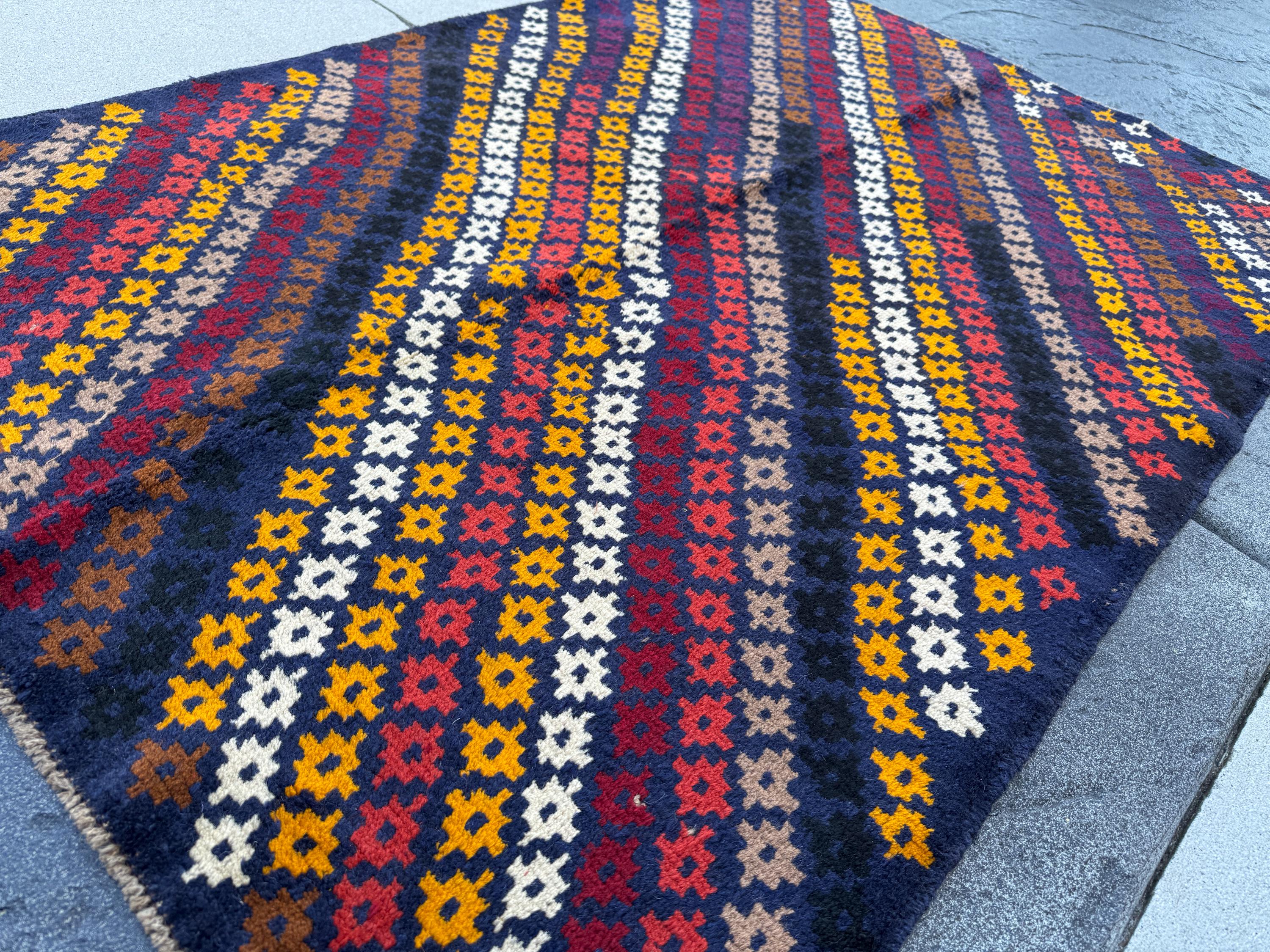 4x6 Handmade Vintage Afghan Baluch Rug | Midnight Blue Mustard Gold Yellow White Black Brick Red Burnt Orange Chocolate Brown Beige | Wool