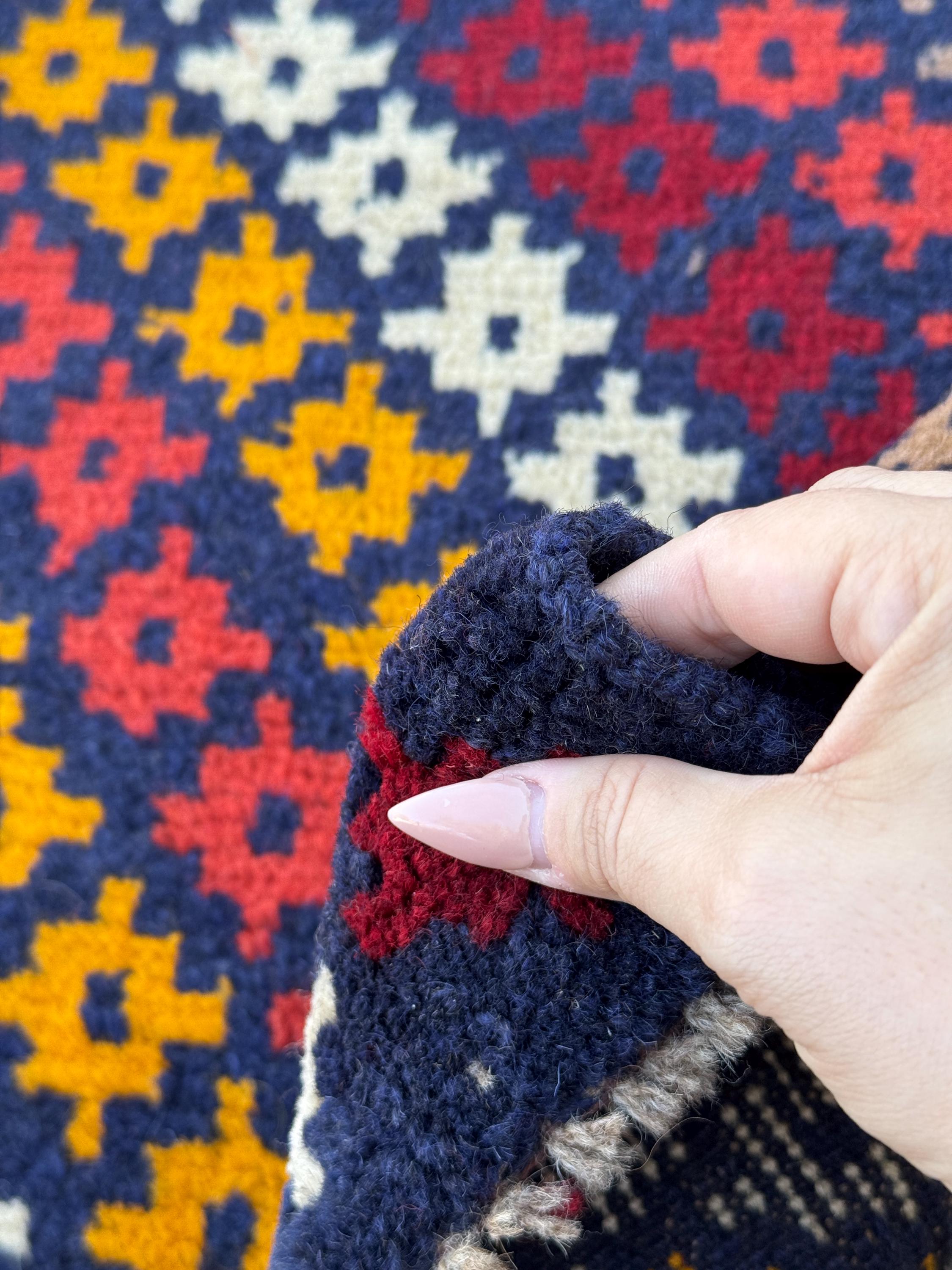 4x6 Handmade Vintage Afghan Baluch Rug | Midnight Blue Mustard Gold Yellow White Black Brick Red Burnt Orange Chocolate Brown Beige | Wool