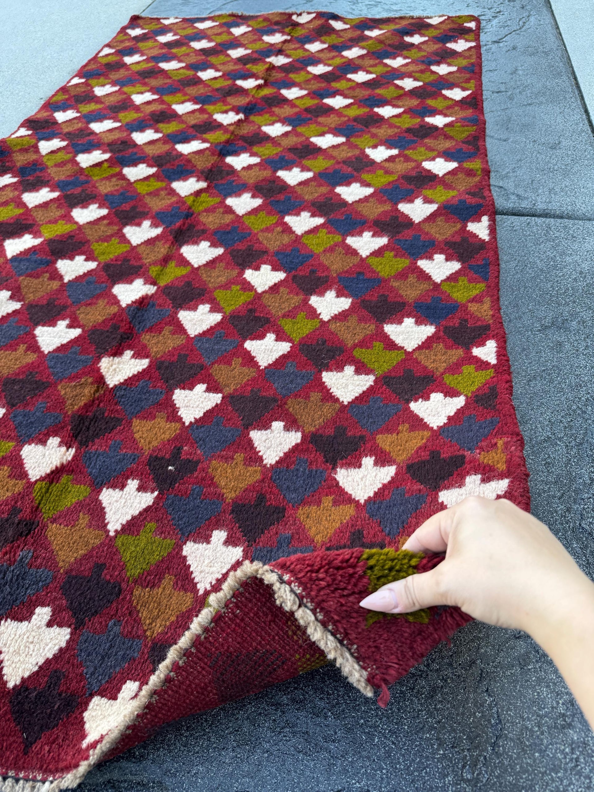 3x6 Handmade Vintage Afghan Baluch Rug | Brick Red White Olive Green Black Midnight Blue Copper Brown | Wool Flatwoven