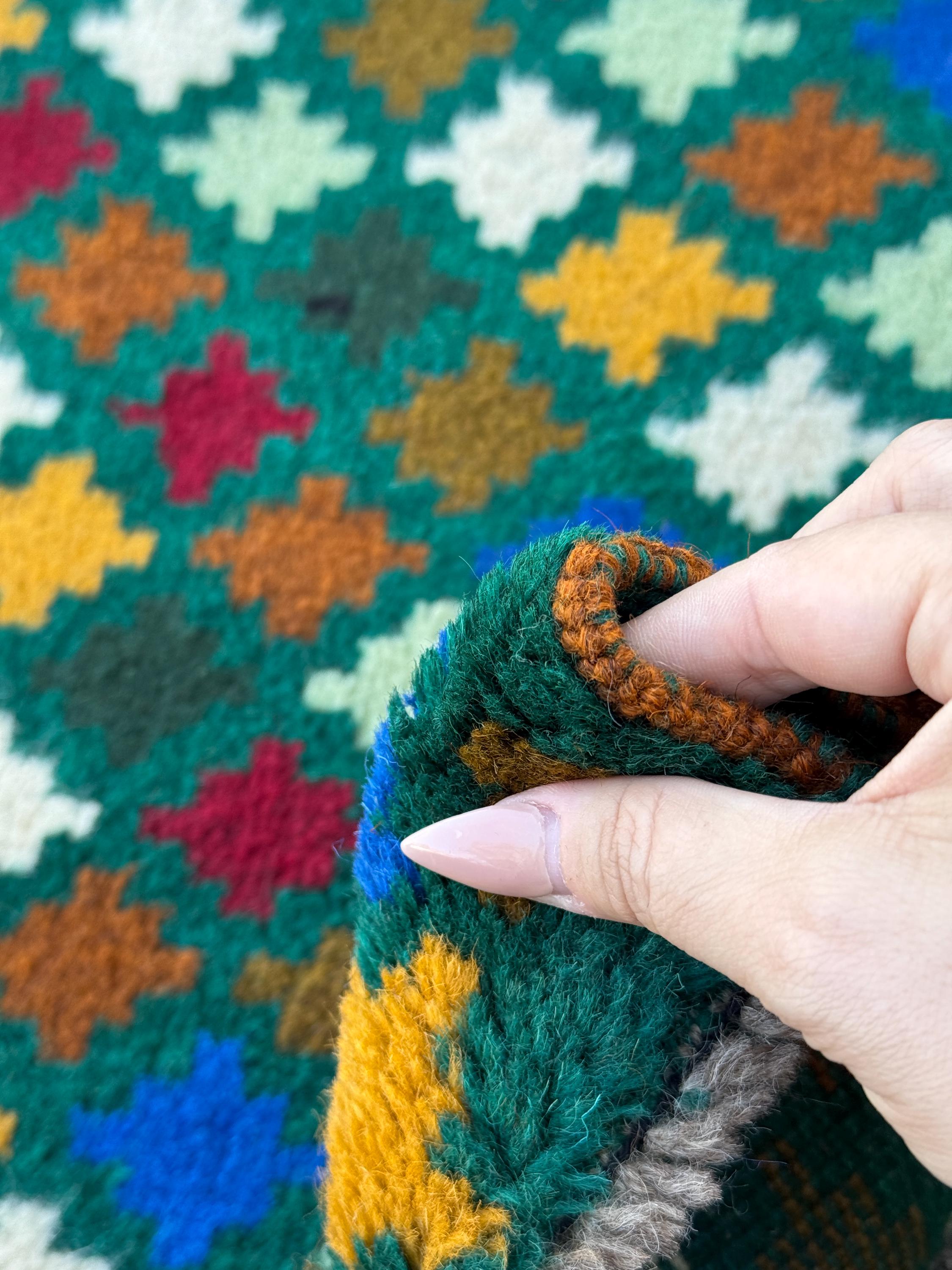 4x6 Handmade Vintage Afghan Baluch Rug | Forest Mint Olive Pine Green Mustard Gold White Copper Brown Navy Blue Brick Red | Wool Flatwoven