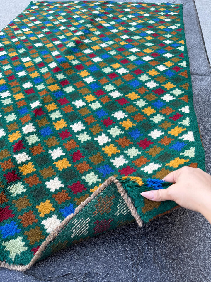 4x6 Handmade Vintage Afghan Baluch Rug | Forest Mint Olive Pine Green Mustard Gold White Copper Brown Navy Blue Brick Red | Wool Flatwoven