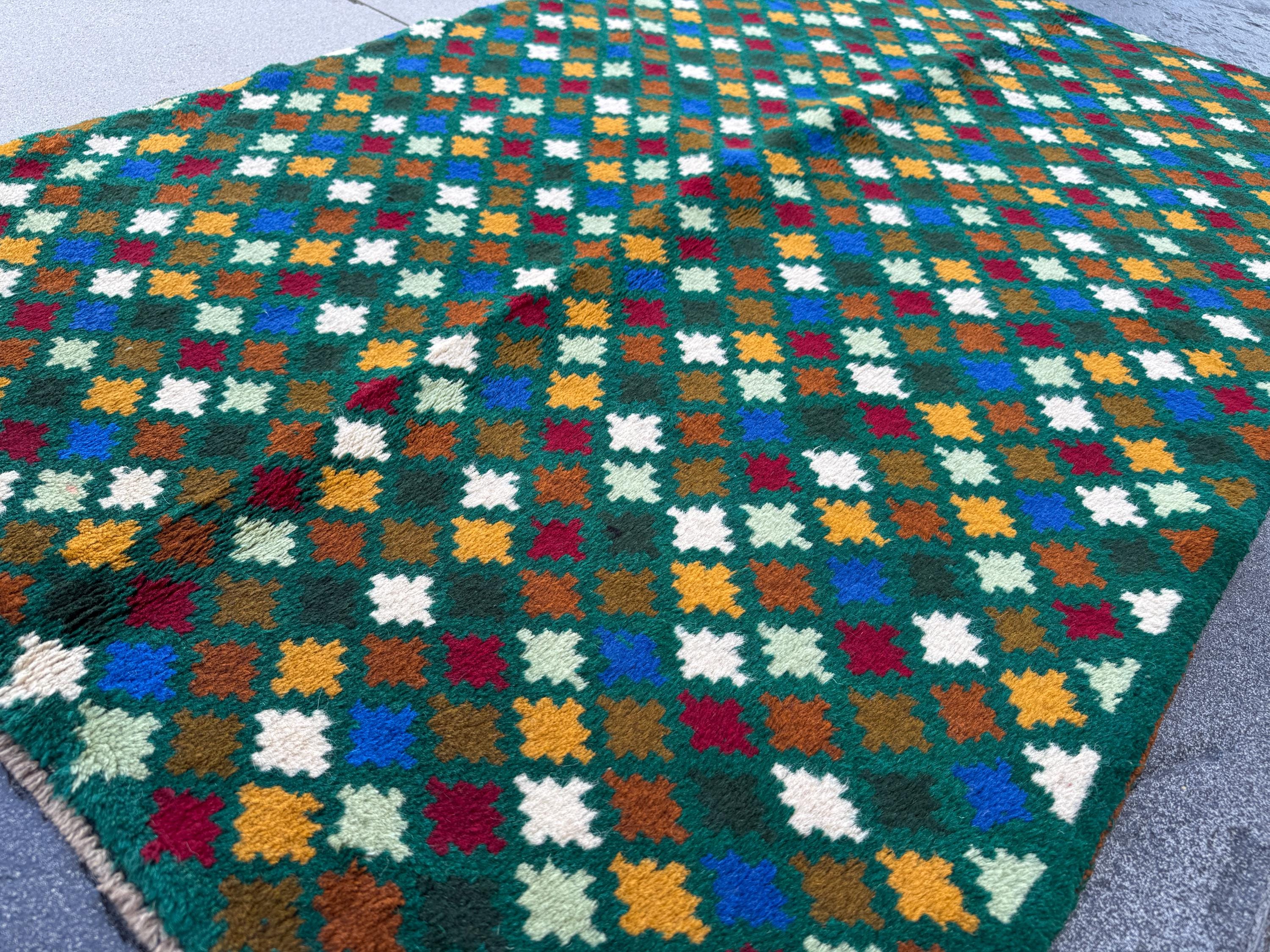 4x6 Handmade Vintage Afghan Baluch Rug | Forest Mint Olive Pine Green Mustard Gold White Copper Brown Navy Blue Brick Red | Wool Flatwoven