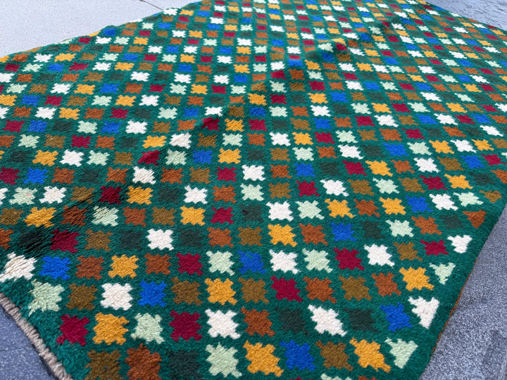 4x6 Handmade Vintage Afghan Baluch Rug | Forest Mint Olive Pine Green Mustard Gold White Copper Brown Navy Blue Brick Red | Wool Flatwoven