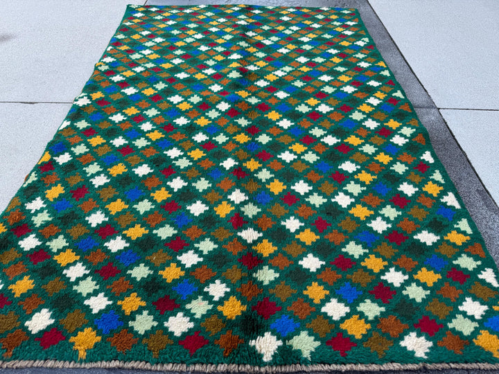 4x6 Handmade Vintage Afghan Baluch Rug | Forest Mint Olive Pine Green Mustard Gold White Copper Brown Navy Blue Brick Red | Wool Flatwoven
