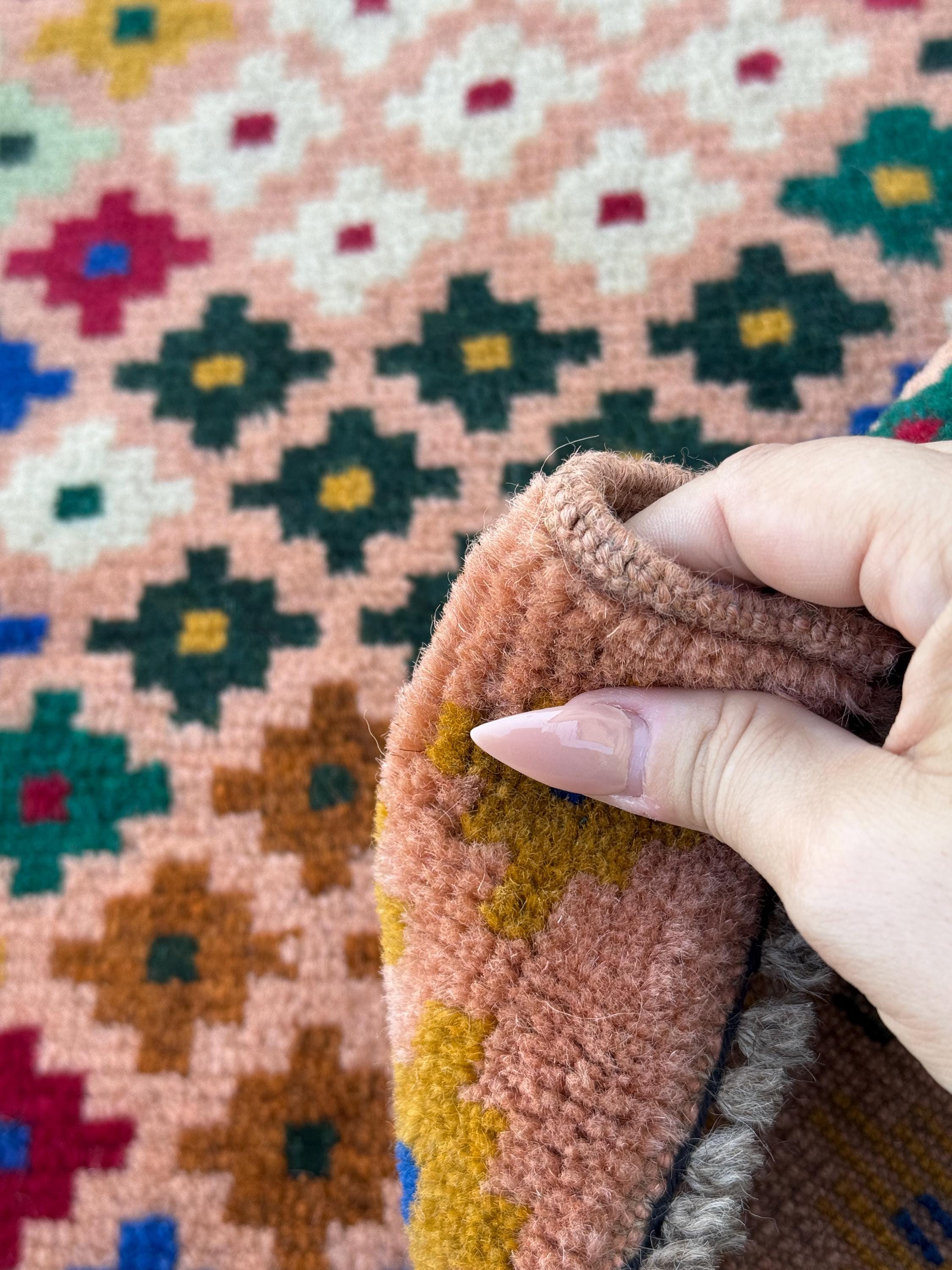 4x6 Handmade Vintage Afghan Baluch Rug | Peach Forest Pine Mint Green White Navy Blue Brick Red Copper Brown Mustard Yellow | Wool Flatwoven