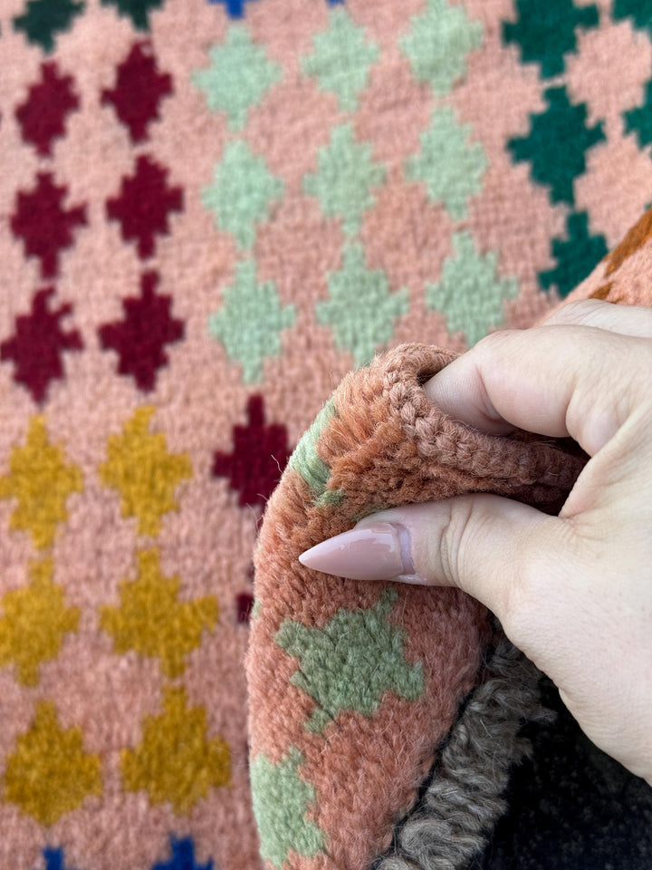 4x6 Handmade Vintage Afghan Baluch Rug | Peach Pine Mint Green Mustard Gold Brick Red Copper Brown | Wool Flatwoven