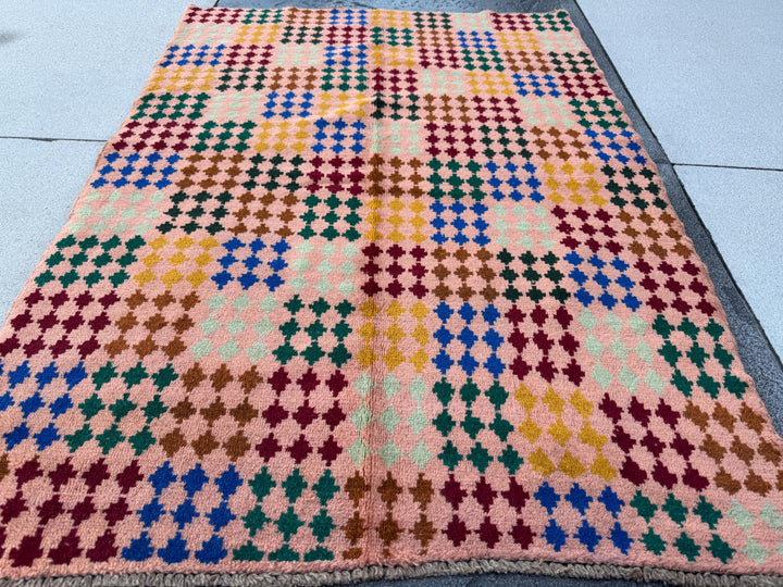 4x6 Handmade Vintage Afghan Baluch Rug | Peach Pine Mint Green Mustard Gold Brick Red Copper Brown | Wool Flatwoven