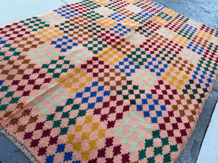 4x6 Handmade Vintage Afghan Baluch Rug | Peach Pine Mint Green Mustard Gold Brick Red Copper Brown | Wool Flatwoven
