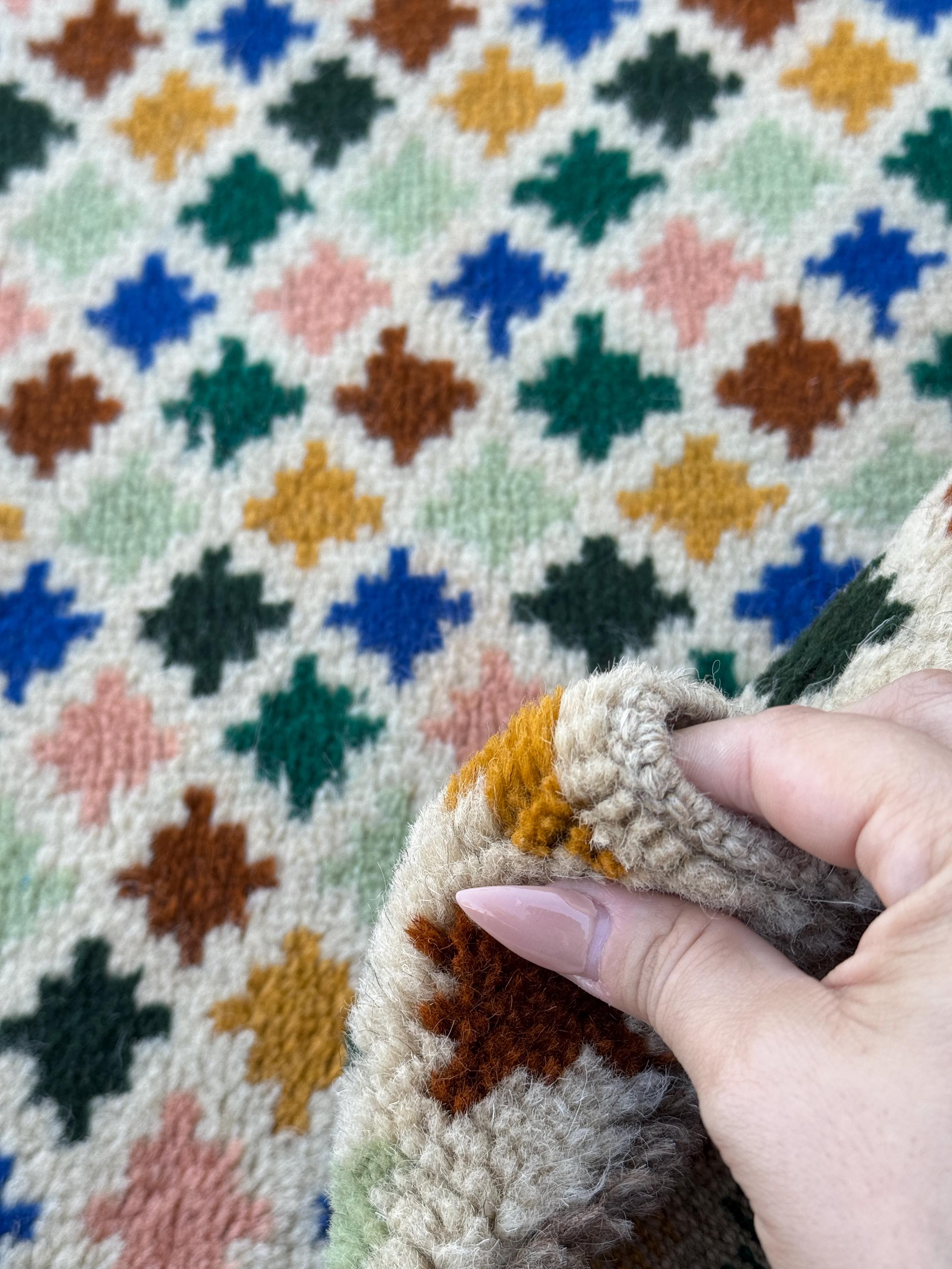 4x7 Handmade Vintage Afghan Baluch Rug | Cream White Forest Pine Mint Green Peach Copper Brown Navy Blue Mustard Gold Yellow | Flatwoven