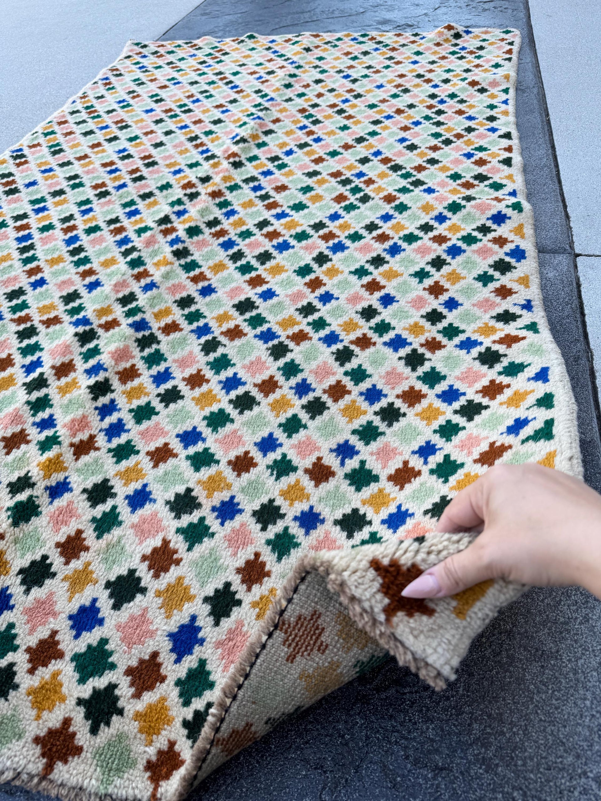 4x7 Handmade Vintage Afghan Baluch Rug | Cream White Forest Pine Mint Green Peach Copper Brown Navy Blue Mustard Gold Yellow | Flatwoven