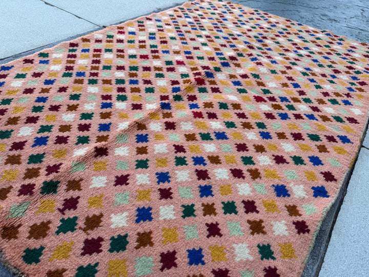 4x6 Handmade Vintage Afghan Baluch Rug | Peach Salmon Pink Forest Mint Green Brick Red Mustard Yellow White Copper Brown Navy Blue | Wool