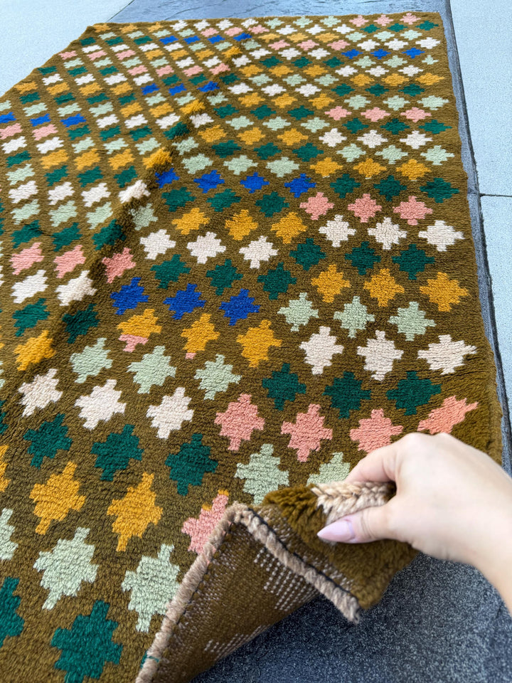 4x6 Handmade Vintage Afghan Baluch Rug | Olive Forest Mint Green Salmon Pink Peach Mustard Gold Cream White Navy Blue | Wool Flatwoven