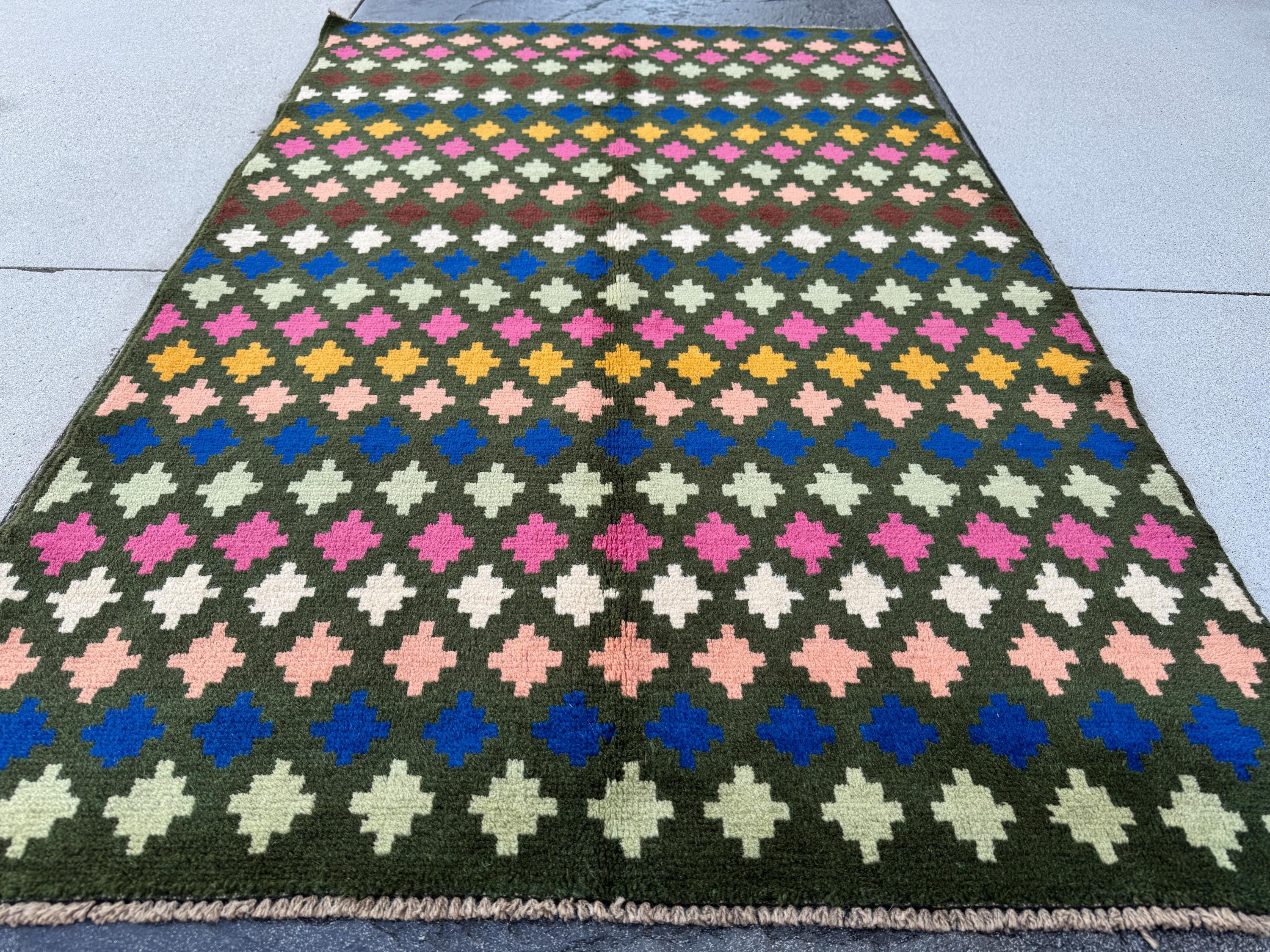 4x6 Handmade Vintage Afghan Baluch Rug | Charcoal Grey Navy Blue Salmon Rose Pink Peach Mint Green Mustard Gold Chocolate Brown White | Wool